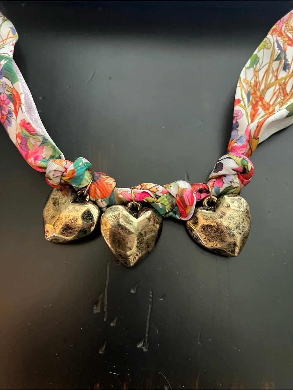 Sara Campbell Floral Silk Scarf Necklace in White with Multicolor Print
